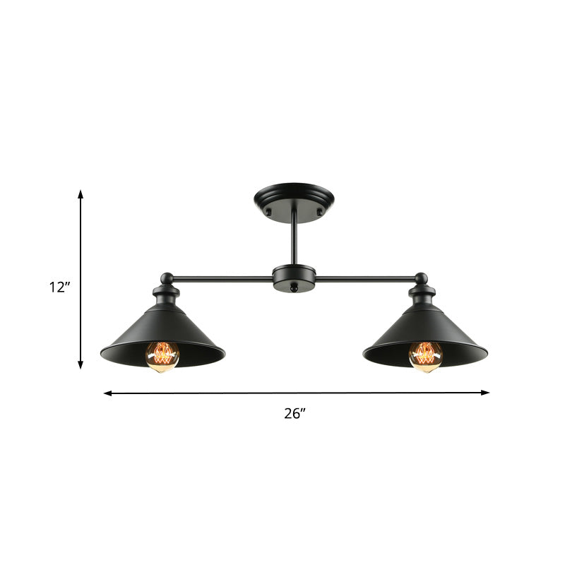 Dubbele conische metalen semi-inbouw lichte industriële eettafel met 2 lampen en plafondverlichting in zwart