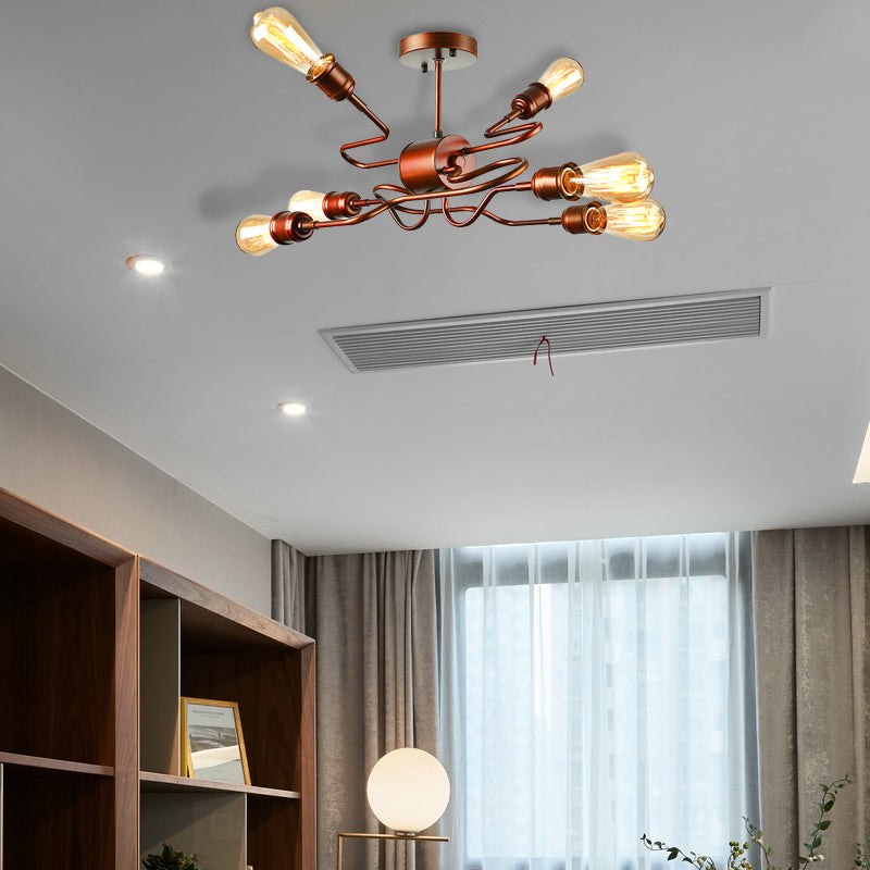 Plafonnier en fer à bras torsadé, style ferme, 6 lumières, éclairage semi-encastré pour salon, en cuivre