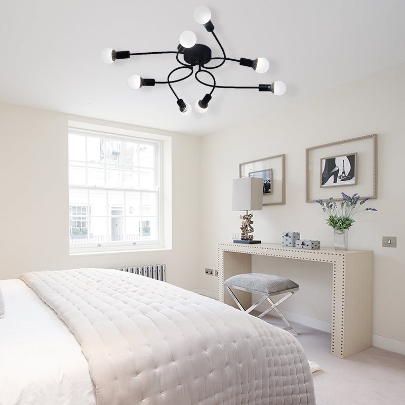 Lámpara de techo con brazo trenzado de estilo vintage, 8 luces, iluminación metálica de montaje semiempotrado en negro/blanco para sala de estar