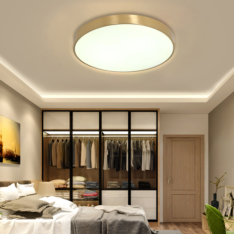 12"/16"/19.5" Dia Ultra Thin Drum Ceiling Flush Modern Brass LED Bedroom Flush Mount Light with Acrylic Diffuser in Warm/White