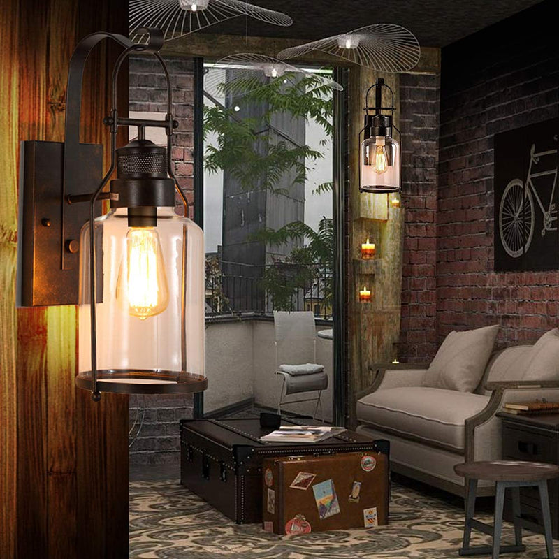 Cylinder Corridor Wall Light Fixture Industrial Clear Glass 1 Light Black Sconce Lamp with Cage