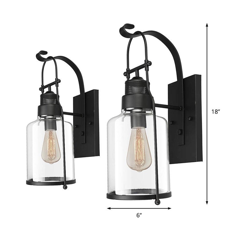 Cylinder Corridor Wall Light Fixture Industrial Clear Glass 1 Light Black Sconce Lamp with Cage