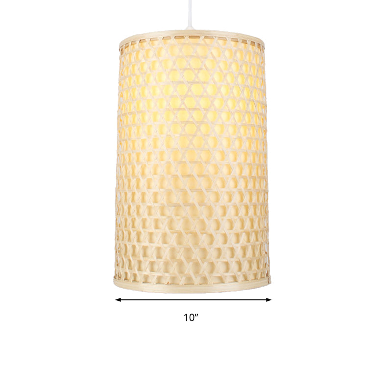 Cylindrical Bamboo Hanging Ceiling Light Modernist Style 1 Head Beige Pendant Lamp for Dining Room