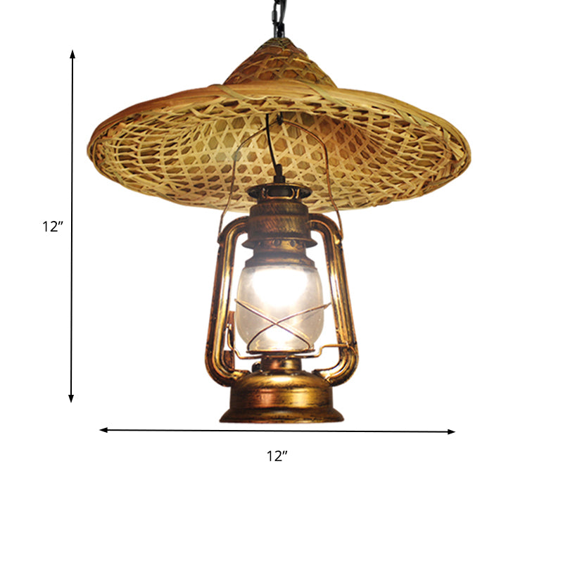 Metall Lantern Schatten Hängender Licht Country Style 12 "/23,5" W 1 Glühbirne Beige Anhänger Beleuchtung mit Rattan Hat Design