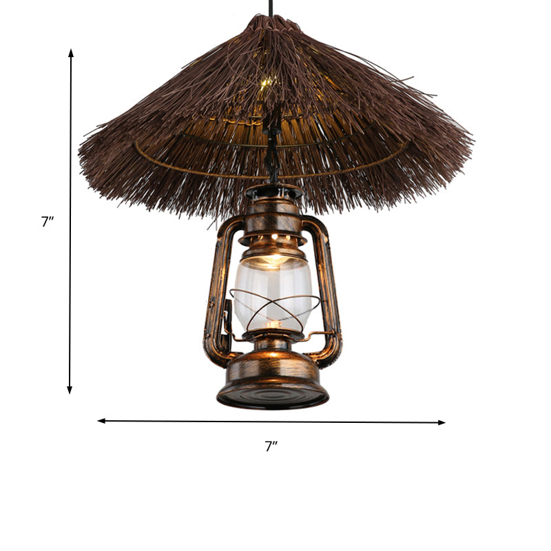 Ratán tejido a mano Light Lodge Style 1 Lámpara colgante de color marrón claro con sombra de linterna para comedor