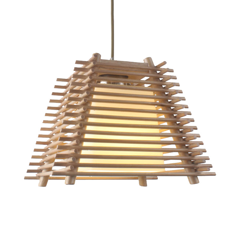 Houten trapezoïde ophanging hanger Japans 1-licht houten hangend licht met witte glazen schaduw voor slaapkamer