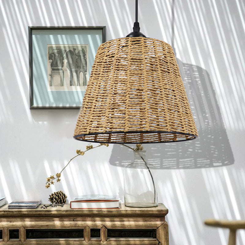 Bucket Hanging Light Fixture Modern Woven Rattan 1-Light Indoor Pendant Lamp in Beige