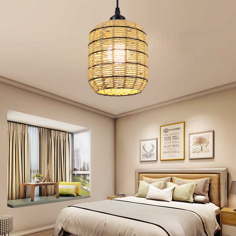 Lantern Suspension Pendant Asian Woven Rattan Single Light Beige Pendant Lamp for Bedroom