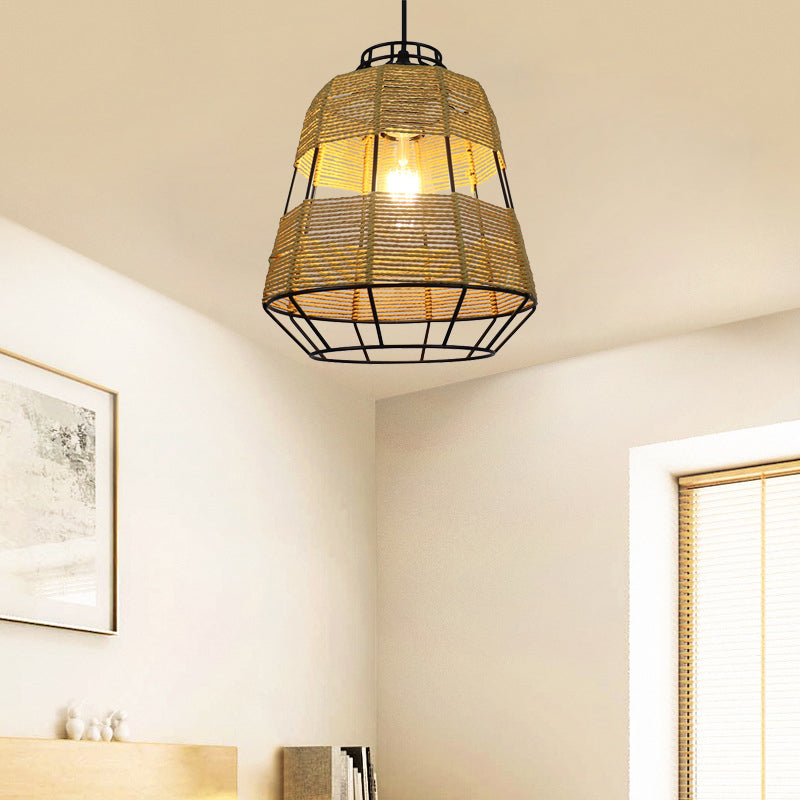 Barrel Metal Cage suspendu lampe de paille chinoise Corche de plafond beige drop beige pour restaurant du salon