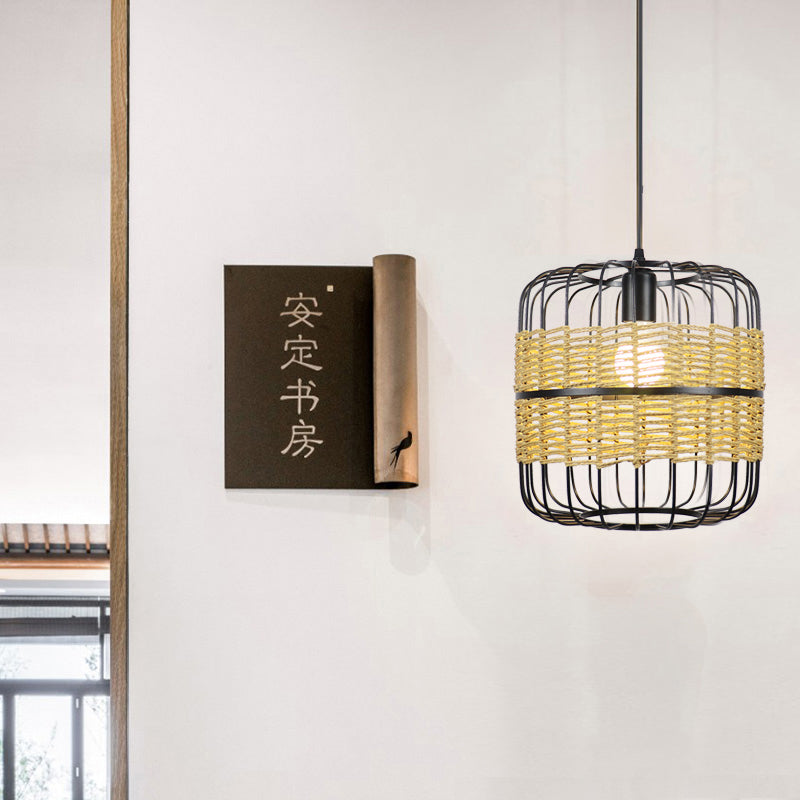 Cylinder Metal Cage Lampe suspendue Corde de paille moderne 1 Light Beige Drop Plafond Light For Bedroom Restaurant
