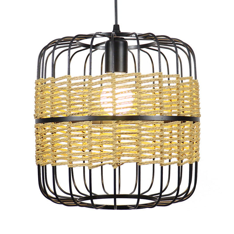 Cylinder Metal Cage Lampe suspendue Corde de paille moderne 1 Light Beige Drop Plafond Light For Bedroom Restaurant