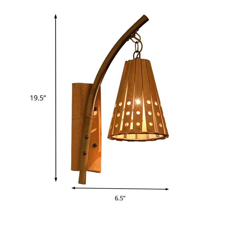 Éclairage mural à nuance conique en bambou avec creux de conception creux de style 1 tête lampe murale en bois pour chambre à coucher, gauche / droite