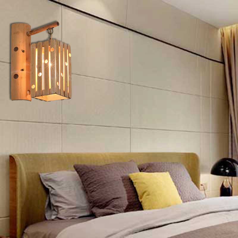 Éclairage mural en bois en bois à la lampe murale rectangulaire Bambou 1 Light avec design percé pour la chambre