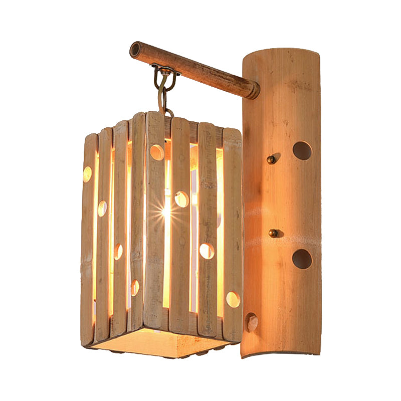 Éclairage mural en bois en bois à la lampe murale rectangulaire Bambou 1 Light avec design percé pour la chambre