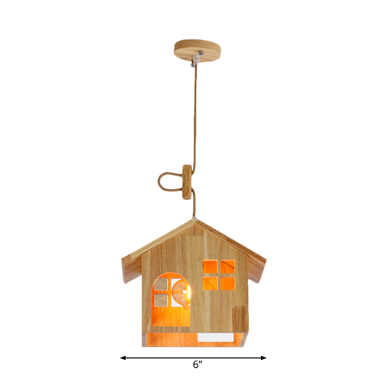 Houten huisvormige hanglamp Modern 1-licht natuurlijk houthanglicht met verstelbaar snoer voor eetkamer