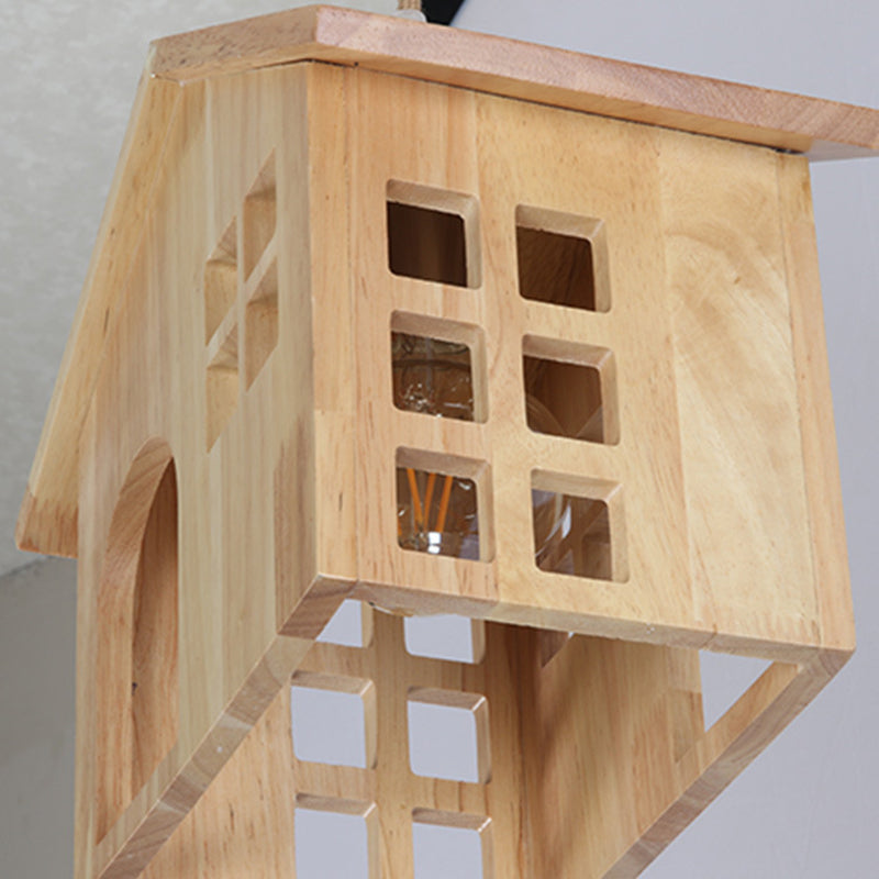 Houten huisvormige hanglamp Modern 1-licht natuurlijk houthanglicht met verstelbaar snoer voor eetkamer