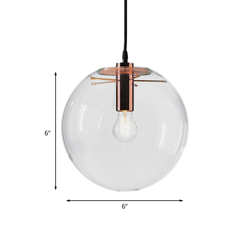 Round Pendant Light Modern 1-Light 6"/8"/12" Wide Clear Glass Hanging Lamp in Rose Gold