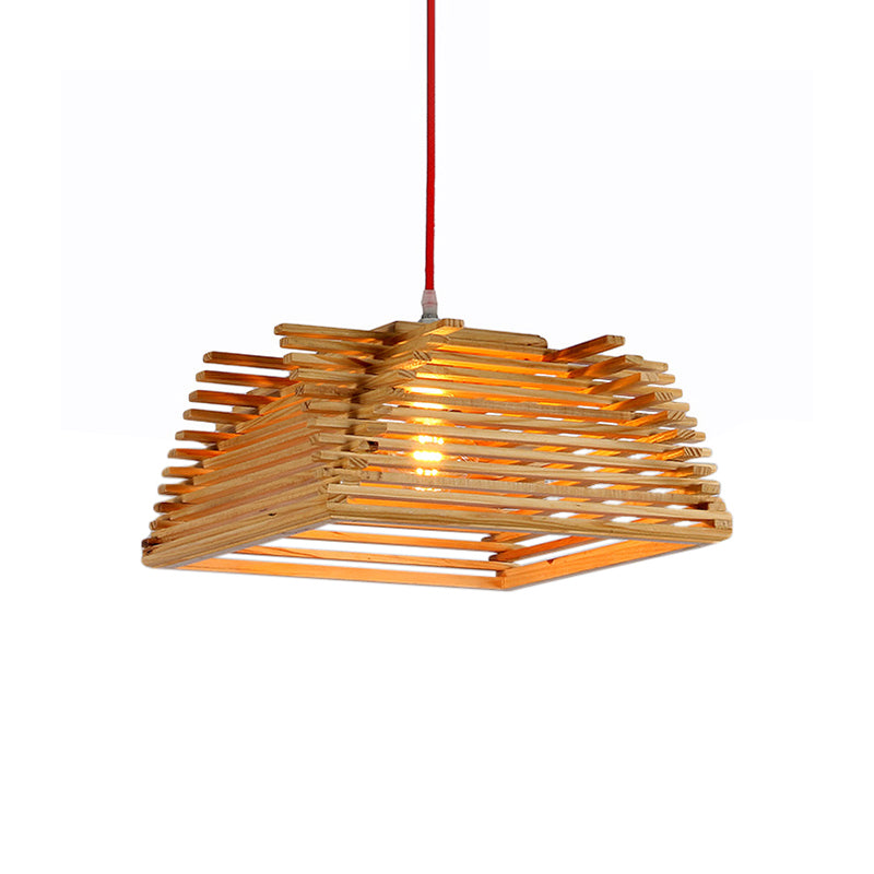 Houten vierkante hanglamp Aziatische 1-licht beige hangende lamp met verstelbaar snoer voor woonkamer