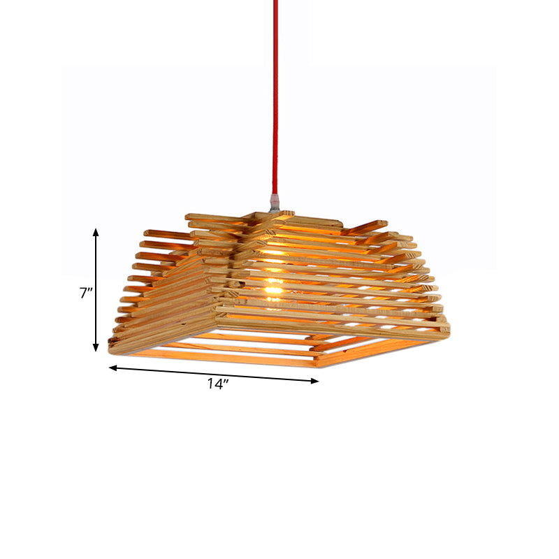 Houten vierkante hanglamp Aziatische 1-licht beige hangende lamp met verstelbaar snoer voor woonkamer