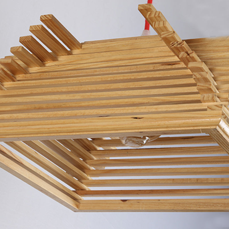 Houten vierkante hanglamp Aziatische 1-licht beige hangende lamp met verstelbaar snoer voor woonkamer