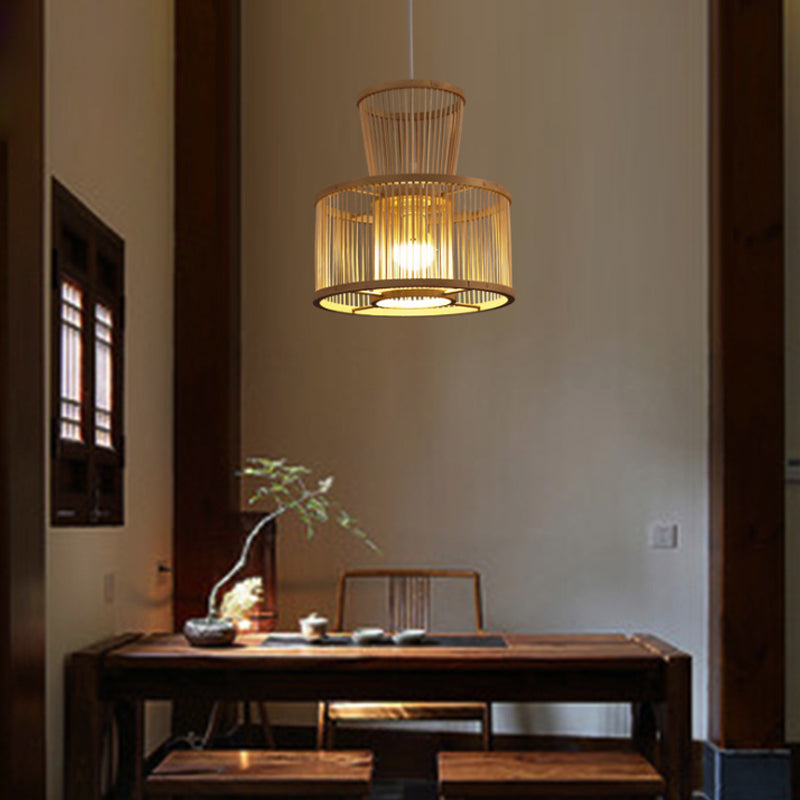 2-Tier Drum Hanging Light Countryside Bamboo 1 Light Beige Pendant Ceiling Light for Bedroom