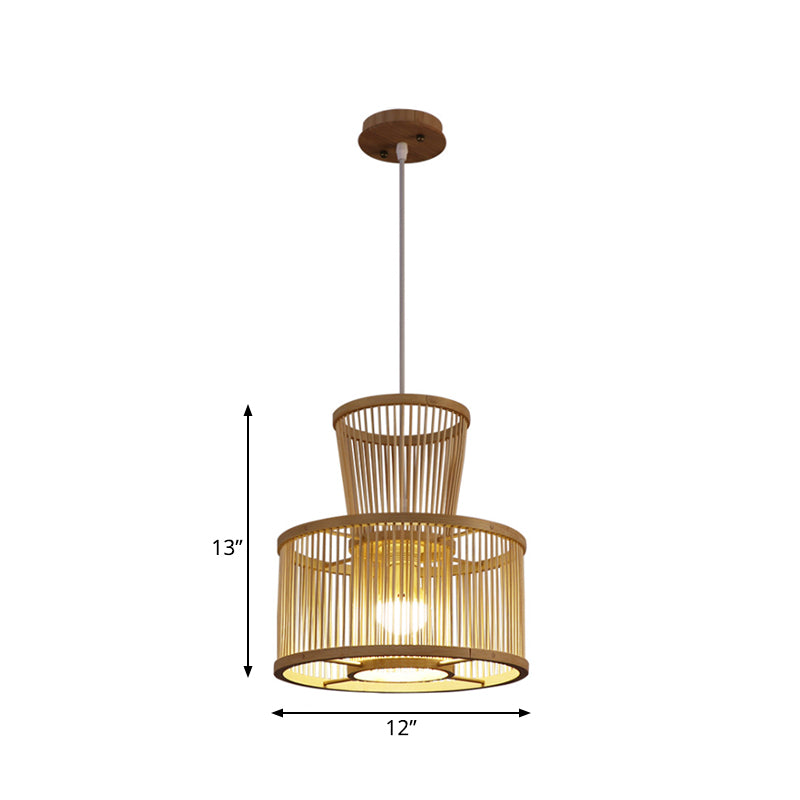 2-Tier Drum Hanging Light Countryside Bamboo 1 Light Beige Pendant Ceiling Light for Bedroom