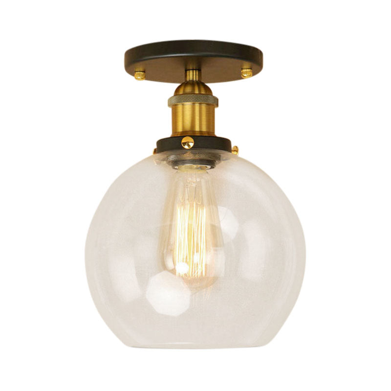 Plafonnier sphérique semi-affleurant industriel en verre transparent, une lumière, noir/laiton/cuivre, pour balcon