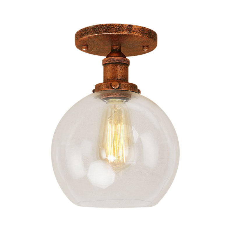 Plafonnier sphérique semi-affleurant industriel en verre transparent, une lumière, noir/laiton/cuivre, pour balcon