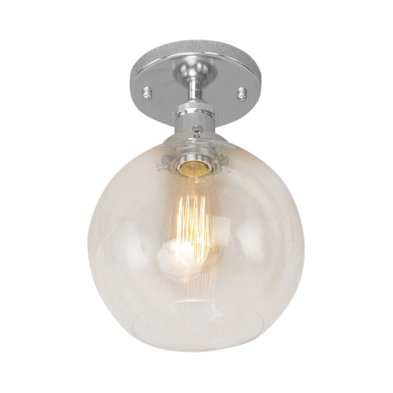Plafonnier sphérique semi-affleurant industriel en verre transparent, une lumière, noir/laiton/cuivre, pour balcon