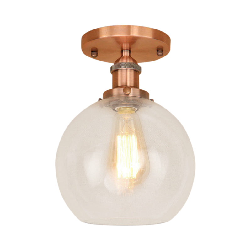 Plafonnier sphérique semi-affleurant industriel en verre transparent, une lumière, noir/laiton/cuivre, pour balcon