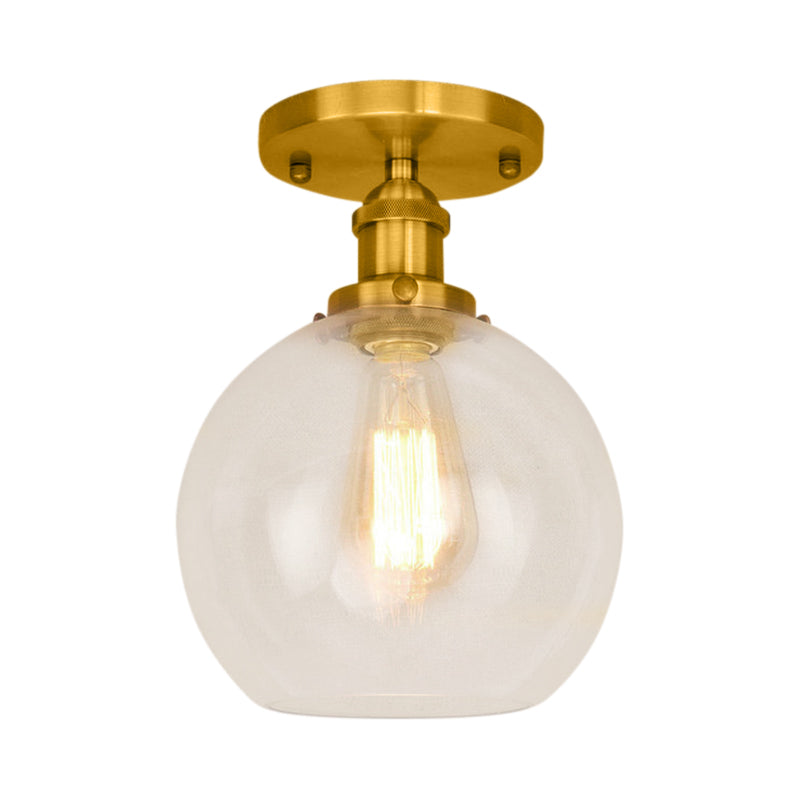 Plafonnier sphérique semi-affleurant industriel en verre transparent, une lumière, noir/laiton/cuivre, pour balcon