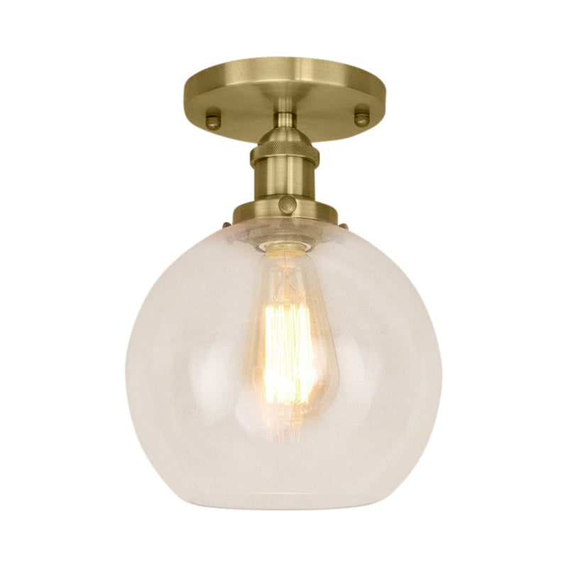 Plafonnier sphérique semi-affleurant industriel en verre transparent, une lumière, noir/laiton/cuivre, pour balcon