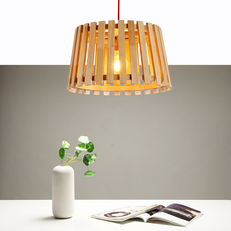 Luz de colgante colgante de tambor de madera contemporánea de 1 luz de techo en beige para dormitorio