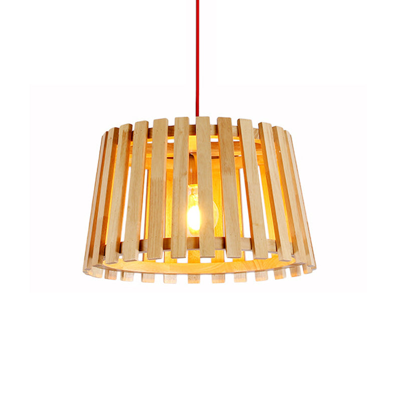 Houten slatted trommel hangende hanglamp eigentijds 1 licht plafondlicht in beige voor slaapkamer