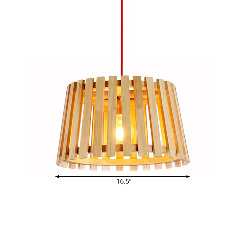Houten slatted trommel hangende hanglamp eigentijds 1 licht plafondlicht in beige voor slaapkamer
