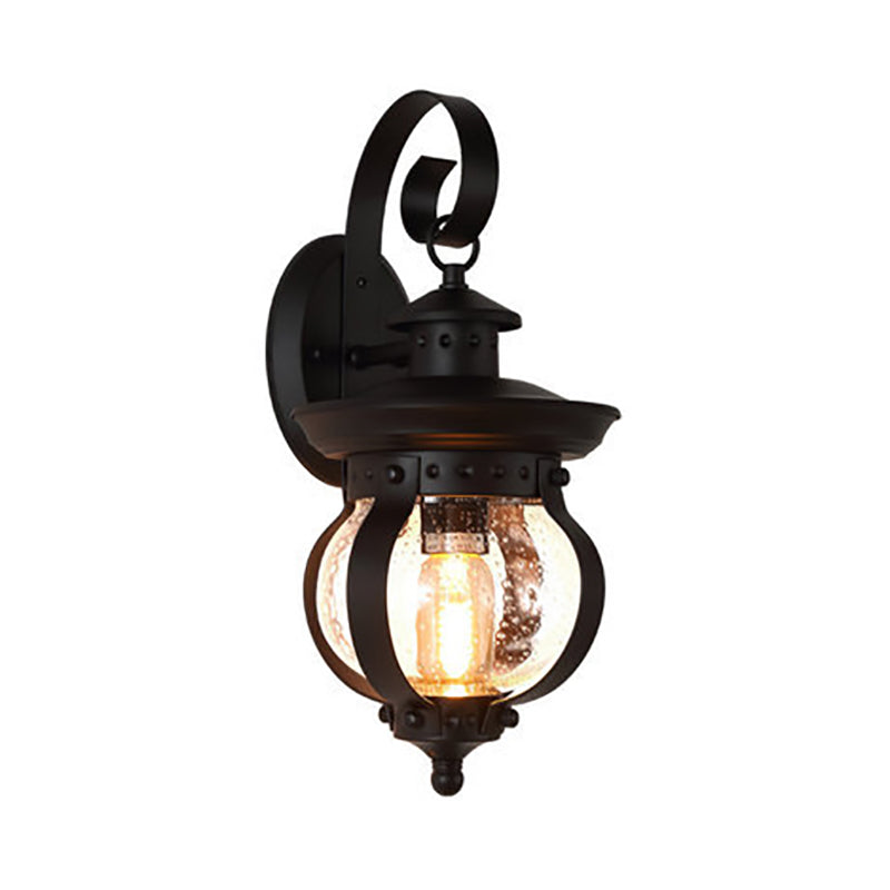 1 Light Seedy Glass Wall Sconce Light Rustic Black Lantern Bedroom Lighting Fixture
