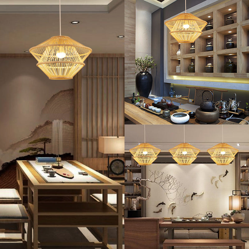 Lámpara colgante de punto de punto a mano lámpara colgante de beige de 1 linda de estilo asiático sobre mesa de comedor