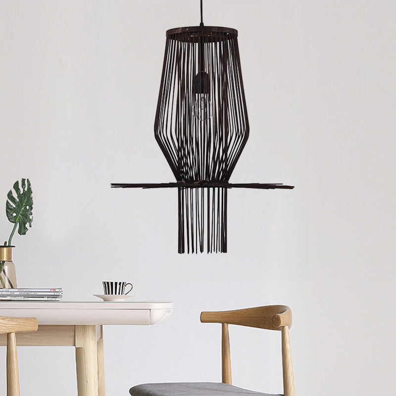 Modern Style Hand-Woven Hanging Lighting Bamboo 1-Bulb Dining Room Pendant Lighting in Black