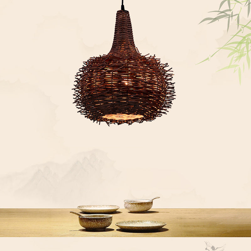 Brown Bird Nest Hanging Pendant Rustic 1 Light Bamboo Suspension Lamp for Living Room Tea House