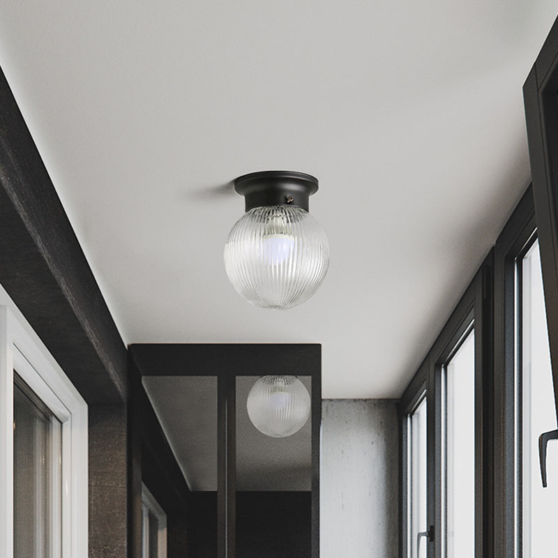 One Light Globe Flush Mount Black/Clear Industrial Ribbed/Opal/Prismatic Glass Lighting Fixture, 6"/6.5" Wide