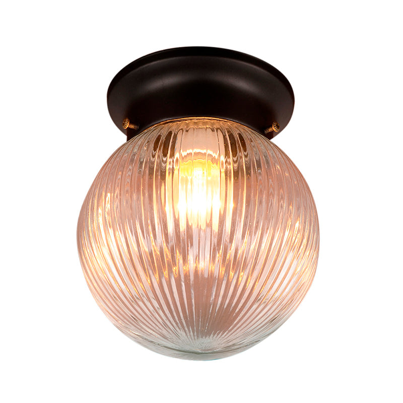 One Light Globe Flush Mount Black/Clear Industrial Ribbed/Opal/Prismatic Glass Lighting Fixture, 6"/6.5" Wide