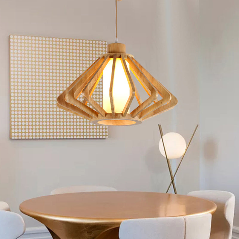 13"/17" Wide Wood Diamond Hanging Light Fixture Modern 1 Bulb Drop Light with Cylinder Glass Shade in Natural Wood