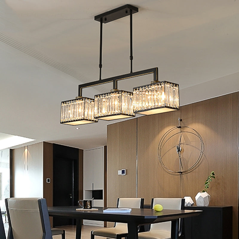 Cubic Dinning Hall Island Light Fixture Contemporary Crystal 3 Bulbs Black Chandelier Lamp