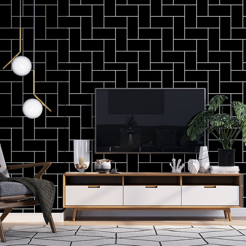 Geometric Net Patterned Wallpaper Modern Smooth Surface Wall Decor in White on Black