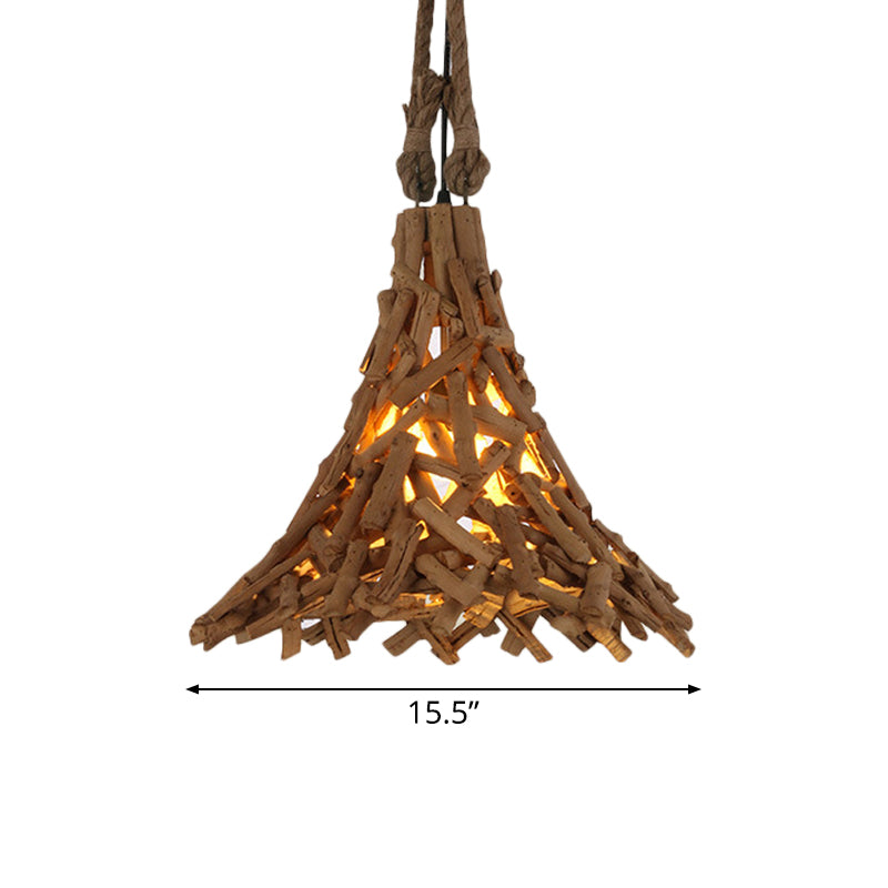 Wood Sticks Flared Hanging Light Rustic 1 Light Suspension Pendant in Beige for Indoor