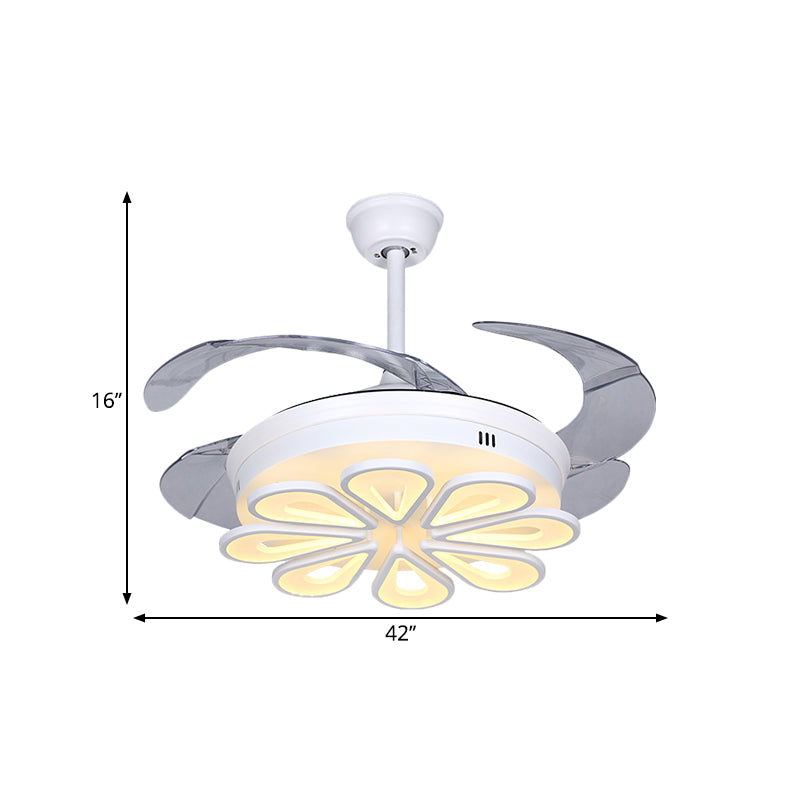 Zeitgenössische Blumenhänge -Lächer -Lampe Acryl -LED Weiß in der Nähe des Deckenlichts mit 4 klaren Klingen, 42 "W.