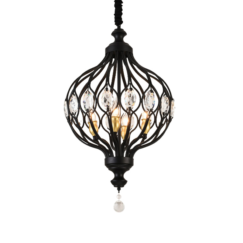 4/6 Lights Lantern Chandelier Contemporary Black/Gold Crystal Encrusted Hanging Lamp Kit