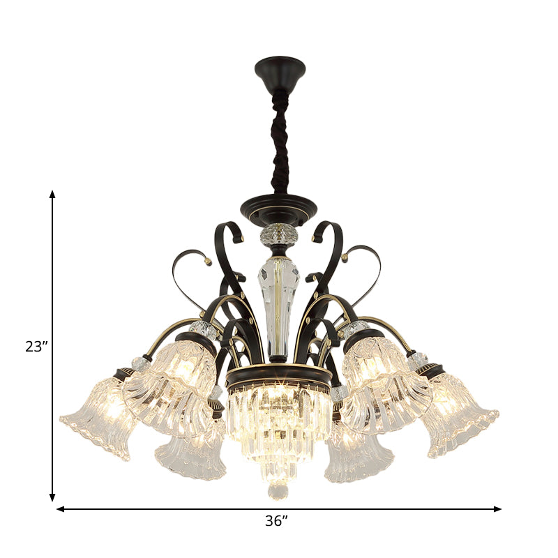 Beveled Glass Crystal Black Ceiling Chandelier Bell 6/8 Heads Traditional Pendant Light Kit