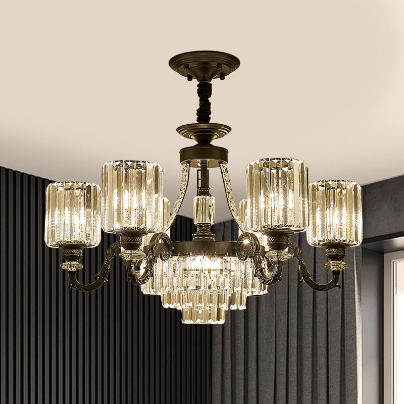 Black 3/6 Bulbs Hanging Chandelier Traditional Crystal Block Drum Ceiling Light Fixture