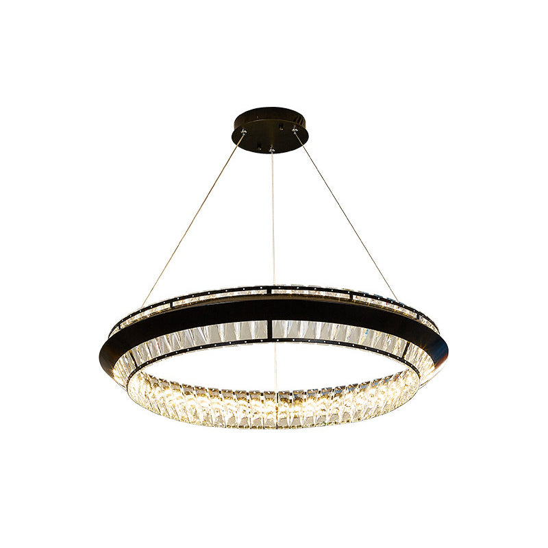 Contemporary Style Ring Chandelier Lighting Rectangle-Cut Crystal LED Pendulum Lamp in Black